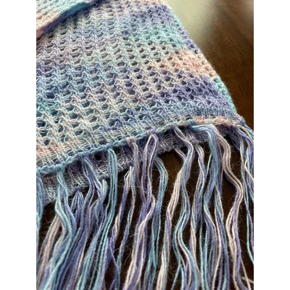 Alpaca Genuino Scarf Womens OS Pastel Blue Purple Mesh Knit Fringe Peruvian Boho